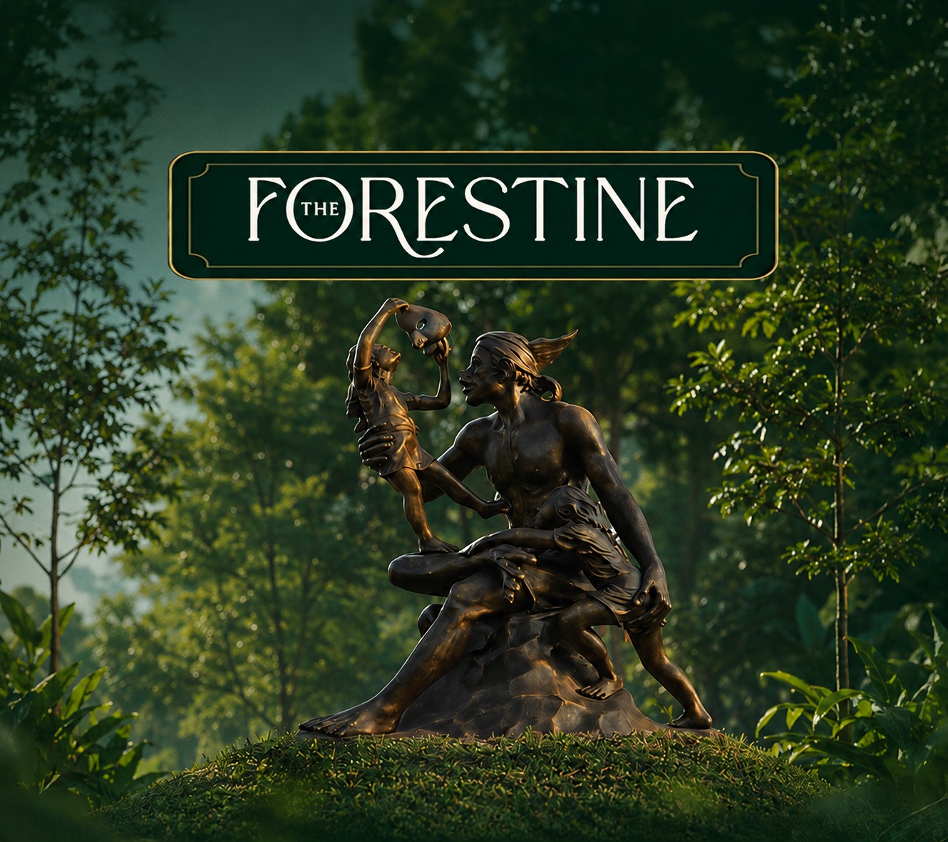 Patung perunggu Berebut Topeng II karya Hendra Gunawan di taman The Forestine, CitraGarden City